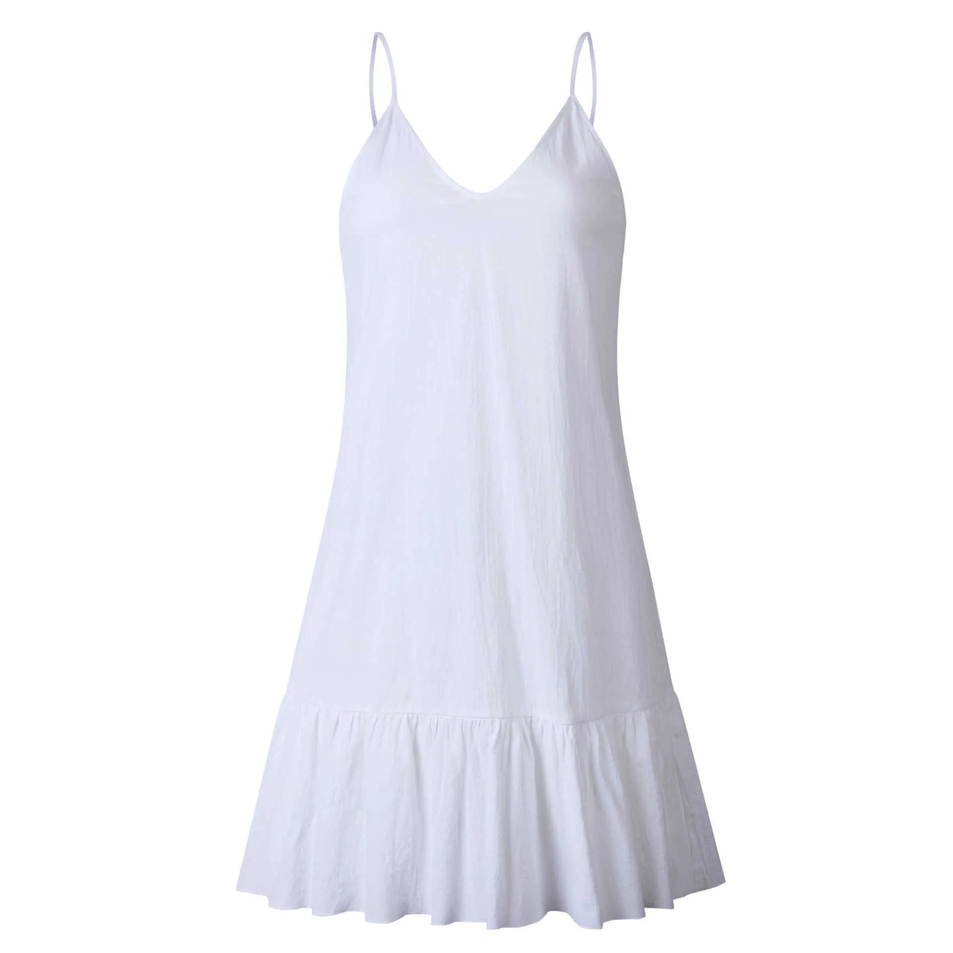 Vestido Curto em Linho com Alças Finas e Decote V