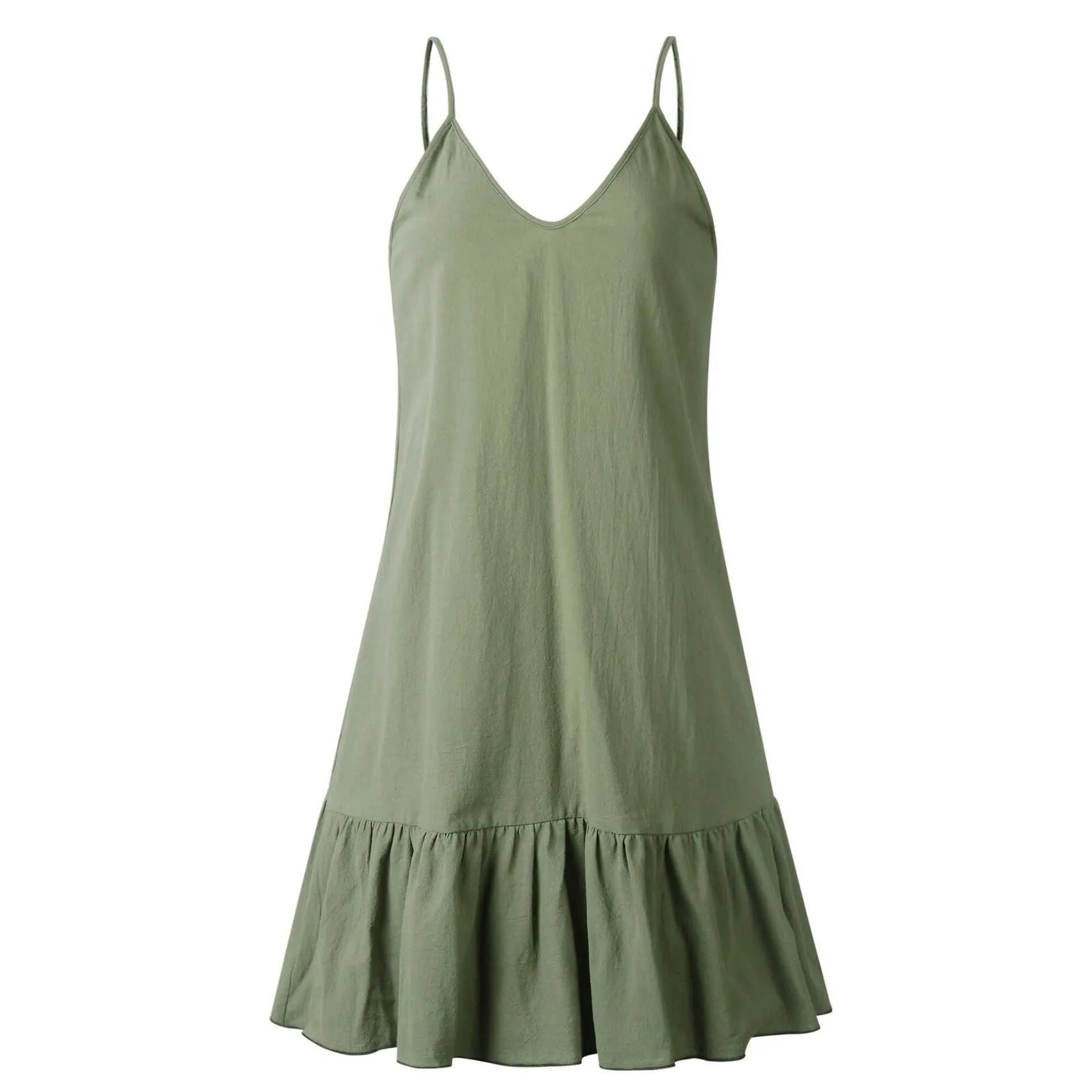 Vestido Curto em Linho com Alças Finas e Decote V