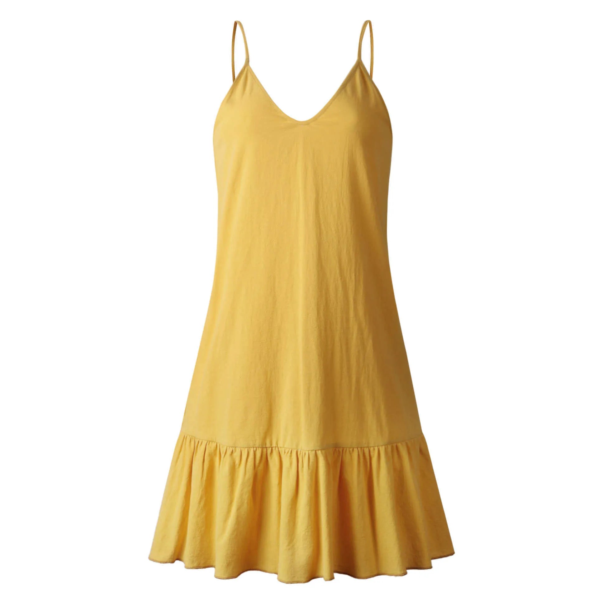 Vestido Curto em Linho com Alças Finas e Decote V